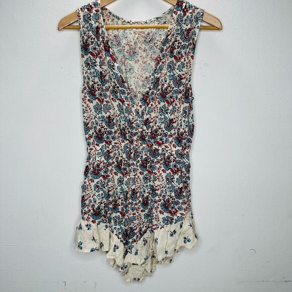 Billabong Cream Dusty Blue & Red Faux Wrap Deep-V Ruffle Hem Sleeveless Romper M - Picture 5 of 16